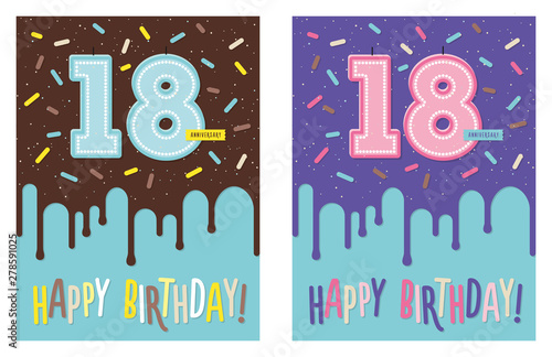Birthday greeting card with dripping glaze on decorated cake and number 18 celebration candle