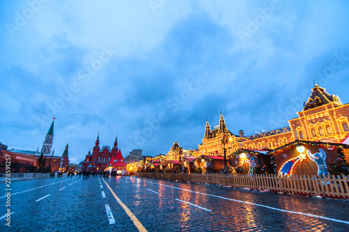 Red Square, Kremlin. Evening photos in the center of Moscow. The lights are on the building