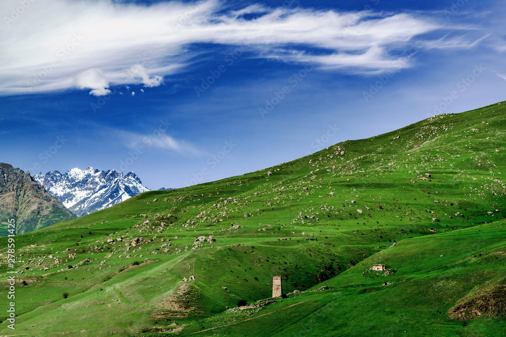 Beautiful view of alpine meadows in the Caucasus mountains. Pastures, meadows on the slopes and snow-capped mountains.