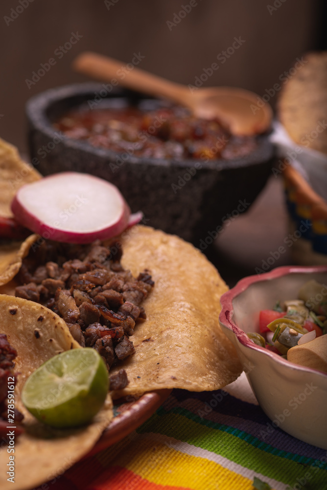 Fototapeta premium Tacos de Mexico, tacos carne asada, tacos de arrachera, tacos de al pastor, cultura mexicana