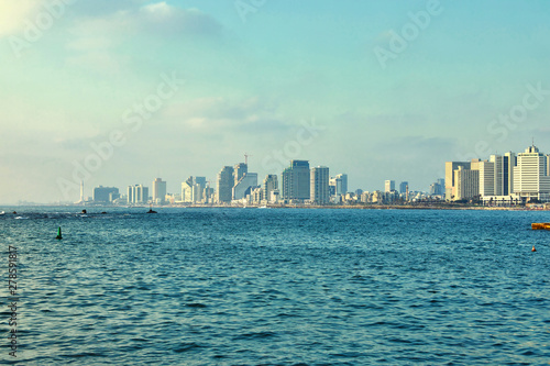 Panorama of Tel Aviv at sunset, coastal line with hotels, taken from old Jaffa