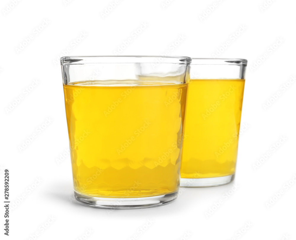 Tasty jelly desserts in glasses on white background Tasty jelly desserts in glasses on white background