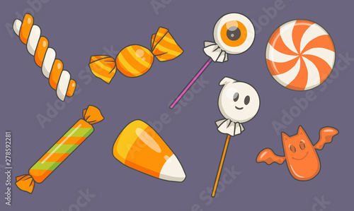 Collection of traditionalvector cartoon Halloween candy illustrations inlcuding ghost and eyeball lolly, drop and candy corn