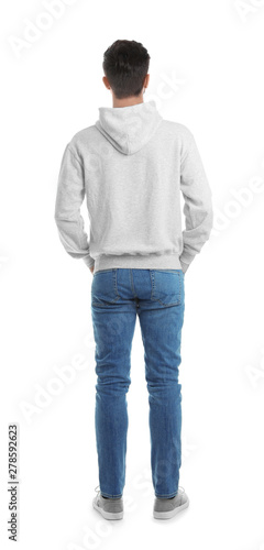 Young man in sweater isolated on white. Mock up for design