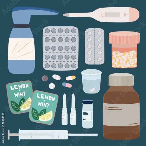 Medication icons. Flat pharmaceutics vector elements. Medicine, syringe, thermometer, flu theraphy pills collection