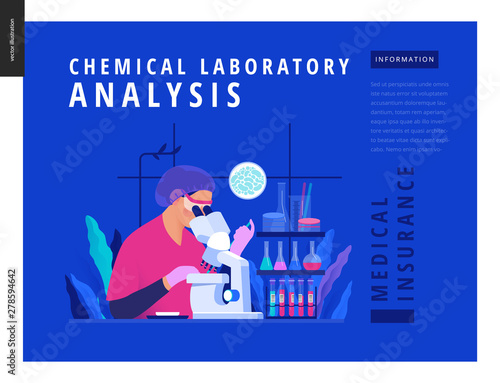 Medical tests Blue template -chemical laboratory analysis - modern flat vector concept digital illustration - laboratory analysis -woman laboratory assistance, microscope, medical office or laboratory