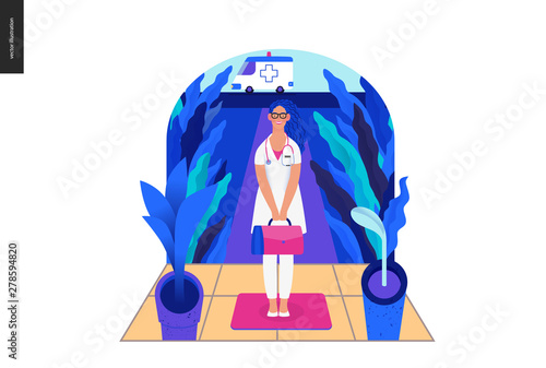 Medical insurance template -home medical assistance -modern flat vector concept digital illustration -nurse standing at the private residence entrance door Home medical service, part of insurance plan