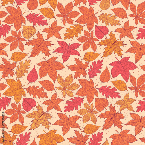 Vector autumn seamless pattern with oak, poplar, beech, maple, aspen and horse chestnut leaves of orange and red colors on the yellow dotted background. Fall ornament with detailed foliage.