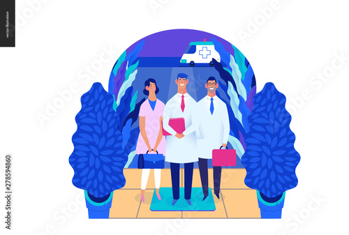 Medical insurance -specialists visit -modern flat vector concept digital illustration - medical specialists standing at the private residence entrance door Home medical service, part of insurance plan