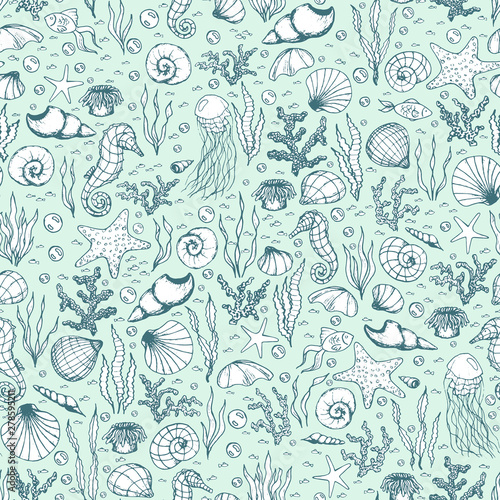 Hand drawn vector sea life seamless pattern with seahorses, fish, starfish, corals, seashells and jellyfish outline on the blue background. Underwater animals line art.