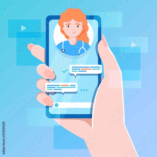 smartphone screen with female therapist on chat in messenger and an online consultation. Vector flat illustration. Ask doctor. Online medical advise or consultation service, tele medicine, cardiology