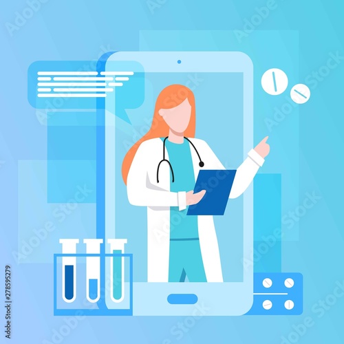 Patient consultation to the doctor via smartphone. Online medical support. Online doctor. Healthcare services, Ask a doctor. Family female doctor, gynecologist with stethoscope on the screen