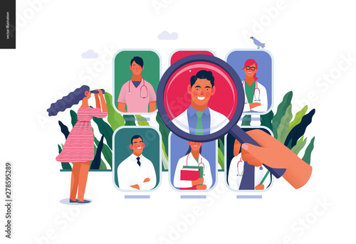 Find a doctor -medical insurance illustration -modern flat vector concept digital illustration - a hand with a magnifying glass, a woman with binocular, doctors portraits - a doctor searching metaphor
