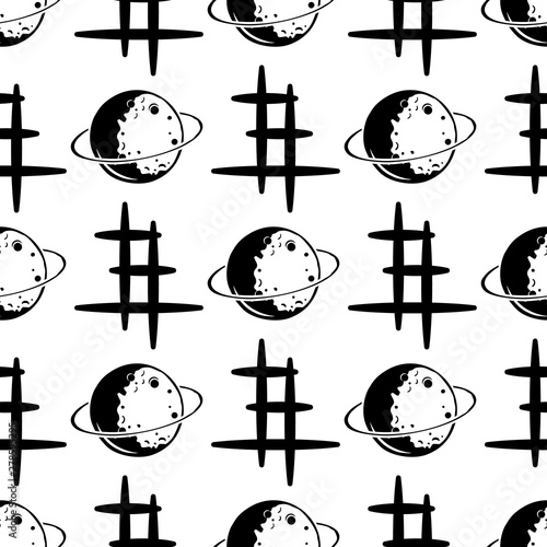 Space Background for Kids. Moon planet seamless pattern with silhouette elements. Stock vector wallpaper isolated