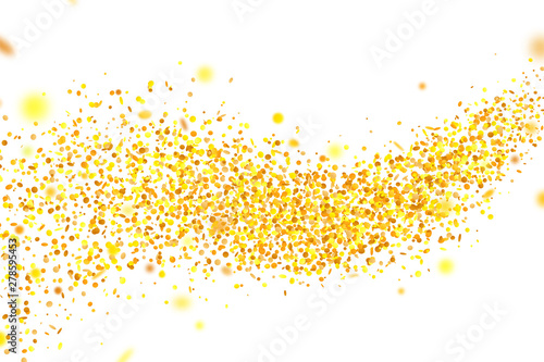 Golden confetti. Falling randomly glitter tinsel. Shiny isolated round particles on white background. Vector celebration illustration for carnival, party, anniversary or birthday.