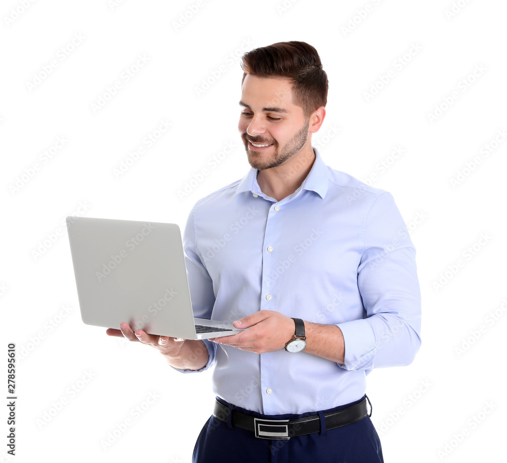 Young man with laptop on white background Young man with laptop on white background