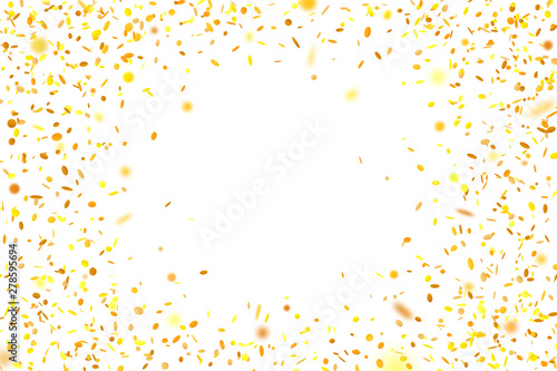 Golden confetti. Falling randomly glitter tinsel. Shiny isolated round particles on white background. Vector celebration illustration for carnival, party, anniversary or birthday.