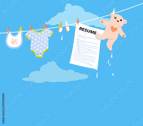 Job applicant resume hanging on a clothesline together with baby clothing as a metaphor for a maternity leave, EPS 8 vector illustration 