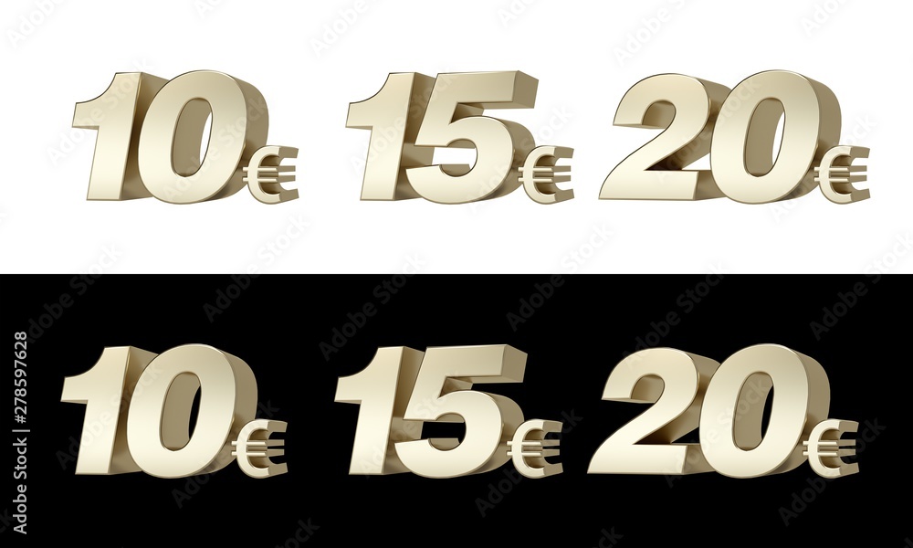 10€ 15€ 20€ Ten, fifteen and twenty euros. 3D golden characters. 10€ 15€ 20€ Ten, fifteen and twenty euros. 3D golden characters.