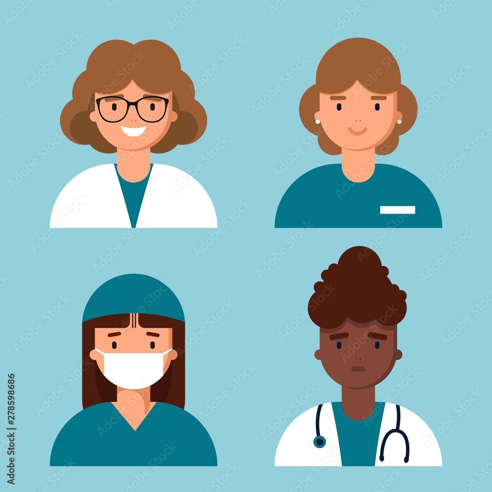 Avatars characters doctor and nurses set. Medical staff icons of faces on a blue background. Therapist, surgeon, nurse, gynecologist in uniform. Online healthcare. Flat vector illustration Avatars characters doctor and nurses set. Medical staff icons of faces on a blue background. Therapist, surgeon, nurse, gynecologist in uniform. Online healthcare. Flat vector illustration