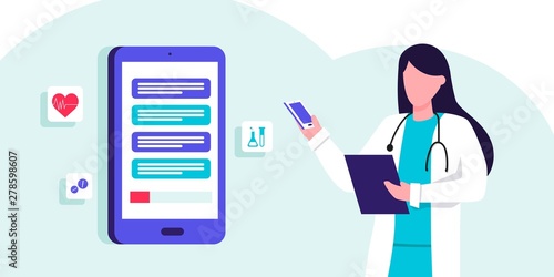 Online medical consultation and support. Online doctor. Healthcare services, Ask a doctor. Therapist in uniform with stethoscope, chatting with patients via app messenger