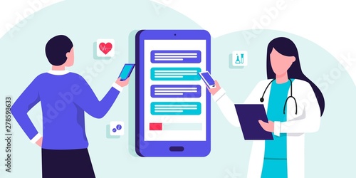 Online medical consultation and support. Healthcare services, Ask a doctor. Therapist in uniform with stethoscope, chatting with male patient via app messenger on mobilephone screen