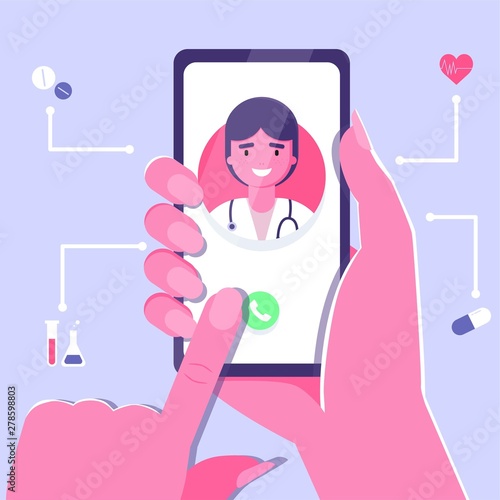 Woman Hand holding smartphone with male therapist on call and an online consultation. Vector flat illustration. Ask doctor. Online medical advise or consultation service, tele medicine