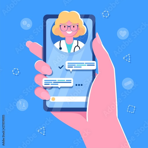 smartphone screen with female therapist on chat in messenger and an online consultation. Vector flat illustration. Ask doctor. Online medical advise or consultation service, tele medicine, cardiology