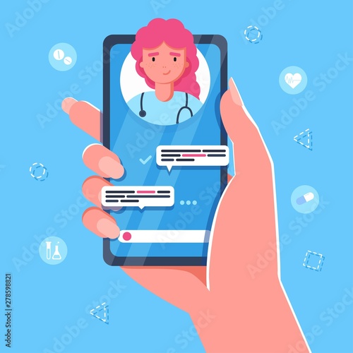 smartphone screen with female therapist on chat in messenger and an online consultation. Vector flat illustration. Ask doctor. Online medical advise or consultation service, tele medicine, cardiology