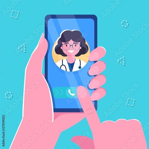 Woman Hand holding smartphone with female therapist on call and an online consultation. Vector flat illustration. Ask doctor. Online medical advise or consultation service, tele medicine