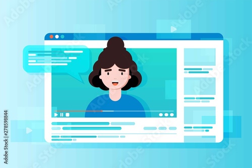 Blogging and vlogging. Cute funny girl or bloggers creates video and posting it on social media, blog or web site. Flat vector illustration. influencer marketing concept, promotion services