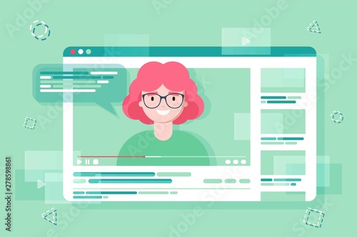 Blogging and vlogging. Cute funny girl or bloggers creates video and posting it on social media, blog or web site. Flat vector illustration. influencer marketing concept, promotion services