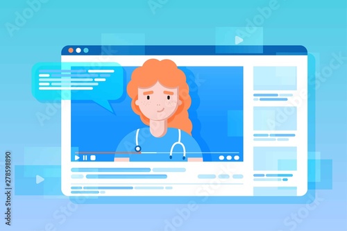 Blogging and vlogging. Cute female doctor bloggers creates video and posting it on social media, blog or web site. Flat vector illustration. Tele medicine, ask a doctor, online consultation