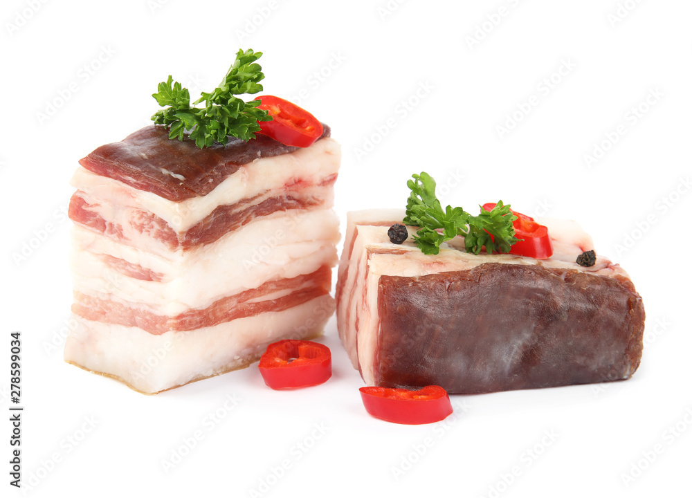 Bacon with parsley and chili pepper isolated on white Bacon with parsley and chili pepper isolated on white