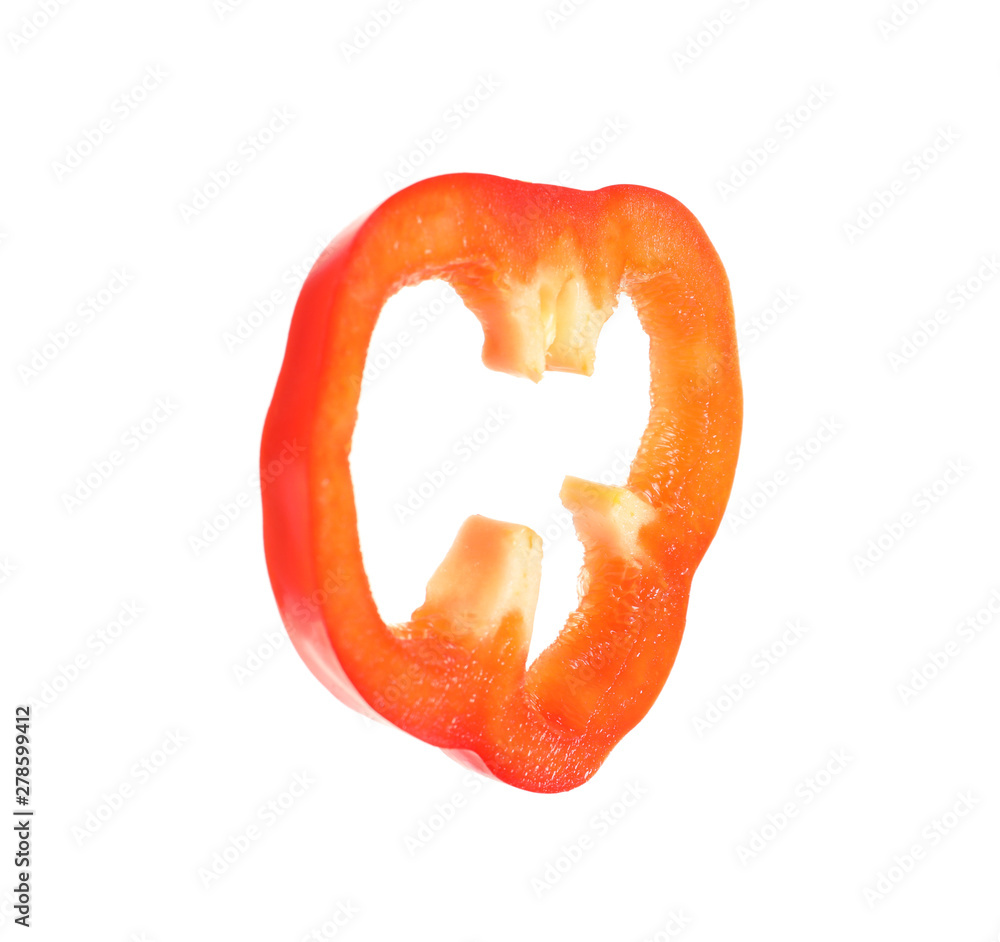 Slice of ripe red bell pepper on white background