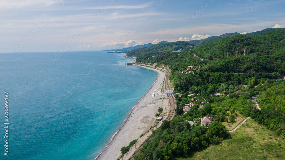 Drones Eye View - winding road from the high mountain pass to Sochi, Russia. Great road trip.