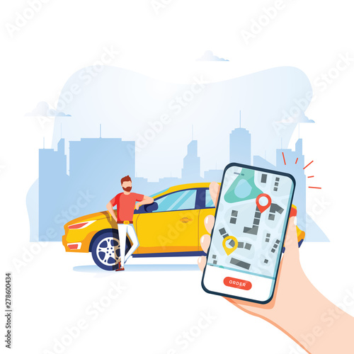 Smart city transportation vector illustration concept, Online car sharing with cartoon character and smartphone.