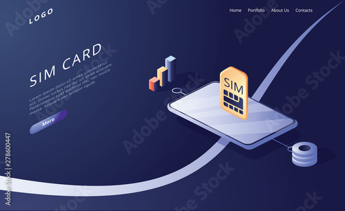 SIM card concept in isometric vector illustration. Mobile network with esim microchip technology. Web banner