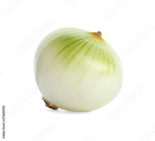 Fresh peeled onion bulb on white background