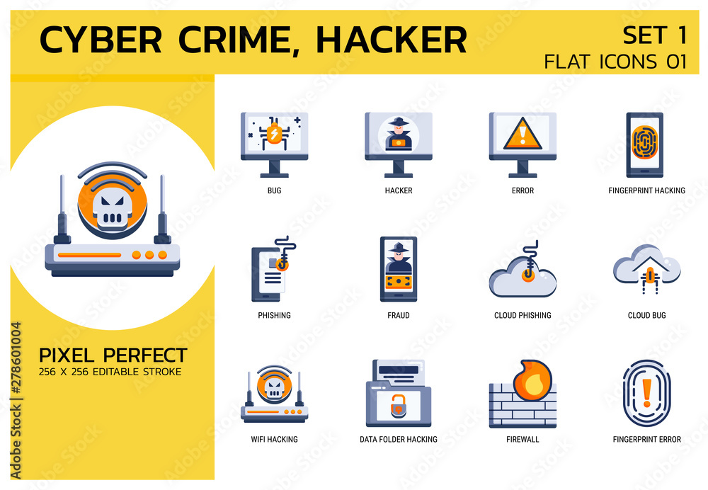 Flat Icons Style. Hacker Cyber crime attack for web design, ui, ux, mobile web, ads, magazine, book, poster. Flat Icons Style. Hacker Cyber crime attack for web design, ui, ux, mobile web, ads, magazine, book, poster.