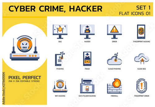 Flat Icons Style. Hacker Cyber crime attack for web design, ui, ux, mobile web, ads, magazine, book, poster.