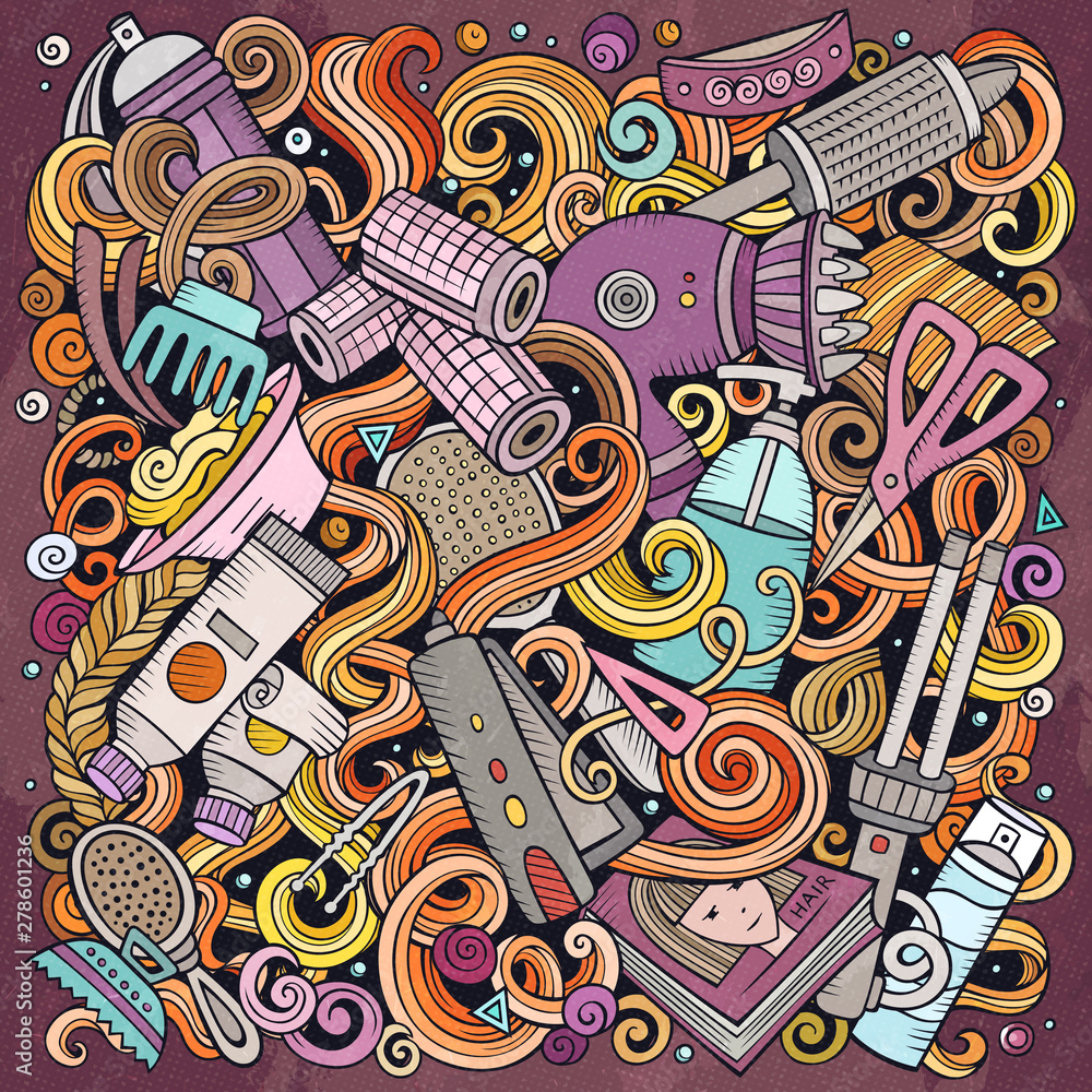 Obraz premium Hair salon hand drawn vector doodles illustration. Hairstyle poster design.