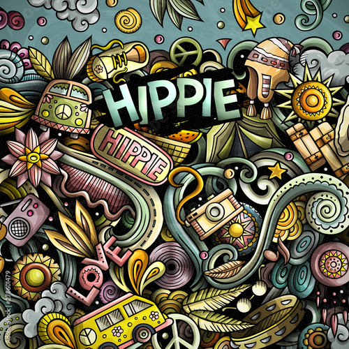Hippie hand drawn vector doodles illustration. Hippy frame card design.