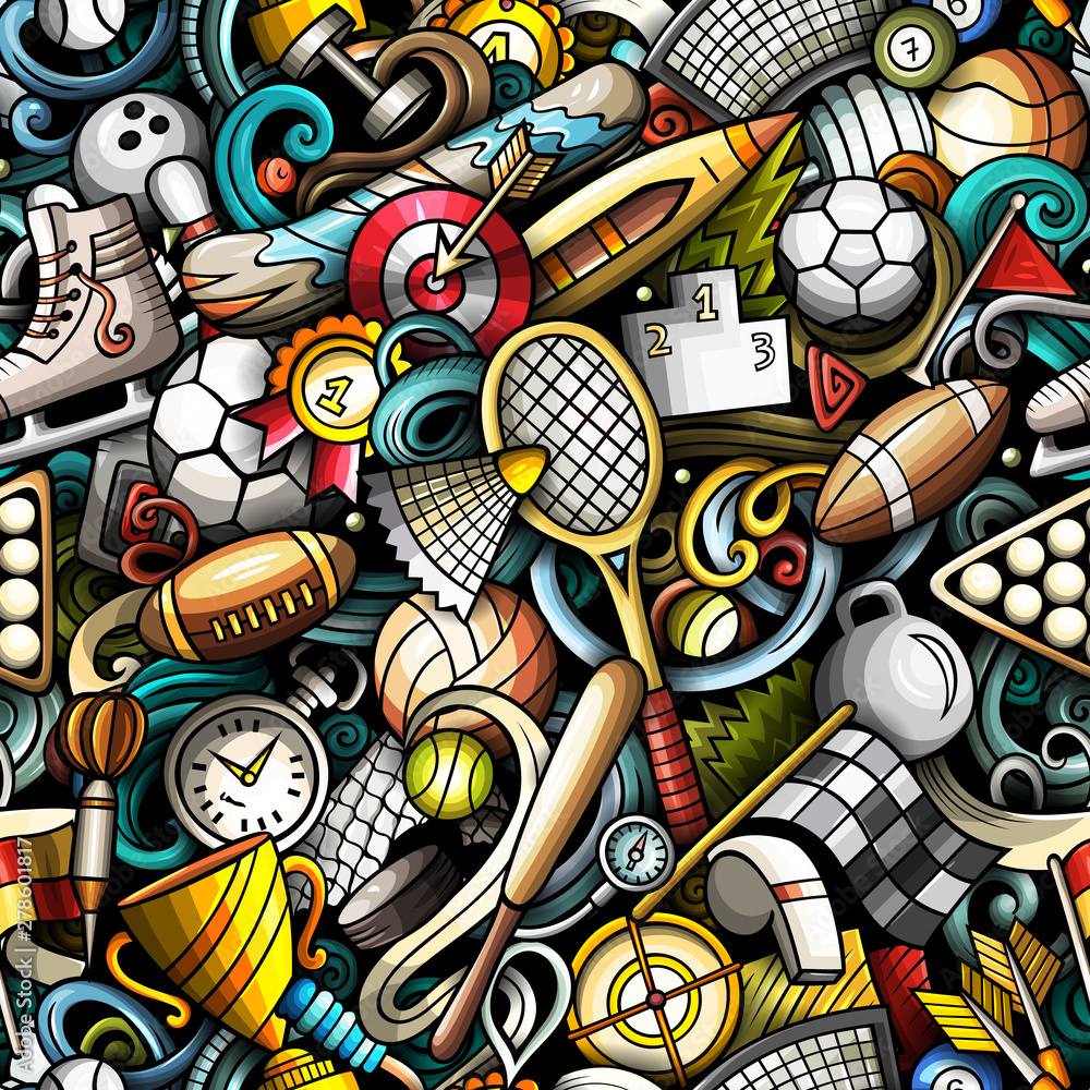 Obraz premium Sports hand drawn doodles seamless pattern. Colorful vector background