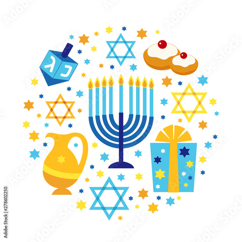 Cute Happy Hanukkah, Festival of Lights background in flat design style
