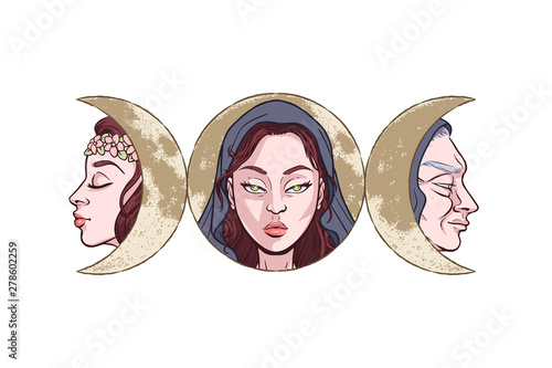 Triple goddess as Maiden, Mother and Crone, beautiful woman, symbol of moon phases. Hekate, mythology, wicca, witchcraft. Vector illustration