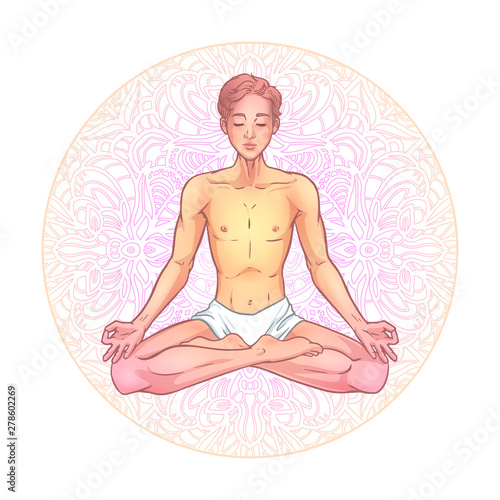Young meditating yogi man in lotus pose on mandala background. Vector illustration