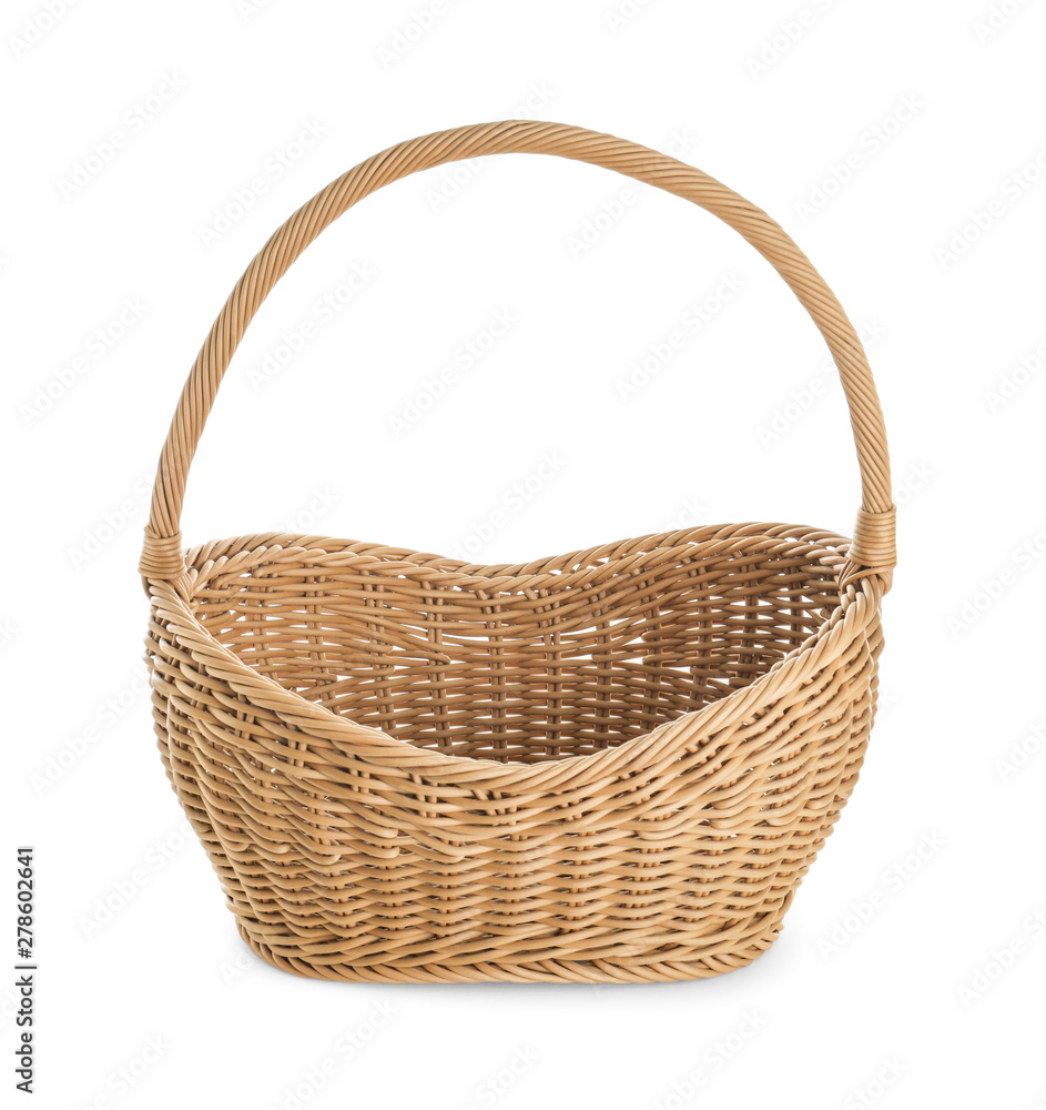 Fototapeta premium Empty wicker picnic basket on white background