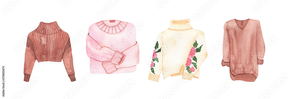 Watercolor womens fashion clothing warm woolen winter sweaters isolated - obrazy, fototapety, plakaty 