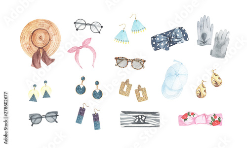 Watercolor womens fashion accessories earrings hat cap glasses headwear